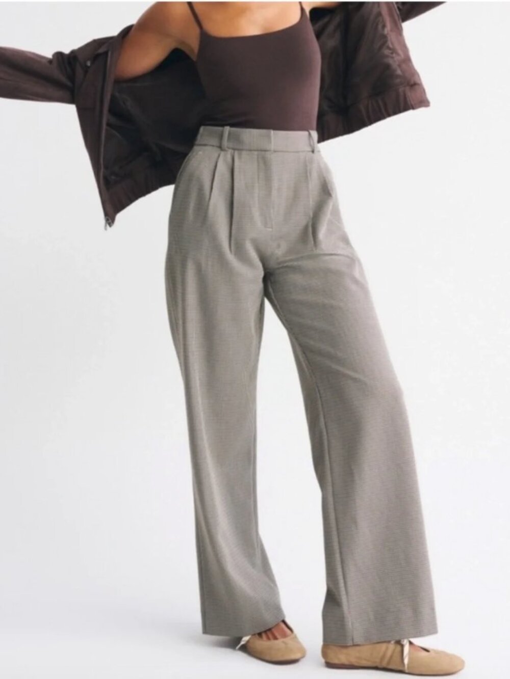 Abercrombie & Fitch Sloane Tailored Wide Leg Pleated Pants, Houndstooth